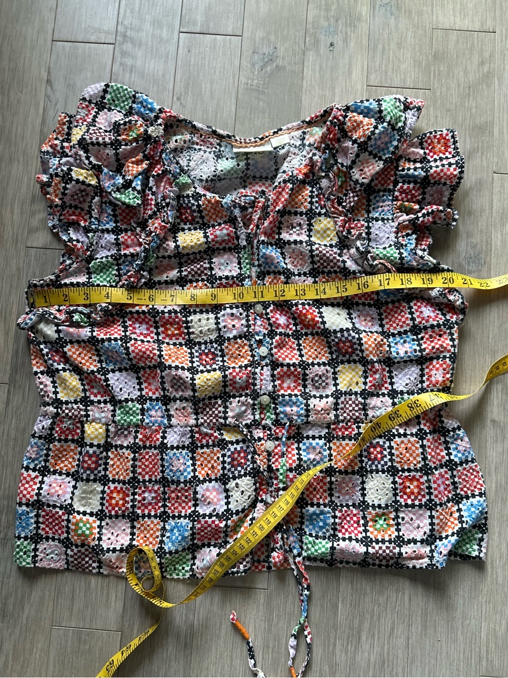 Maeve Anthropologie 100% Cotton Multicolor Crochet-Print Ruffle Tie Blouse Large - Picture 7 of 8